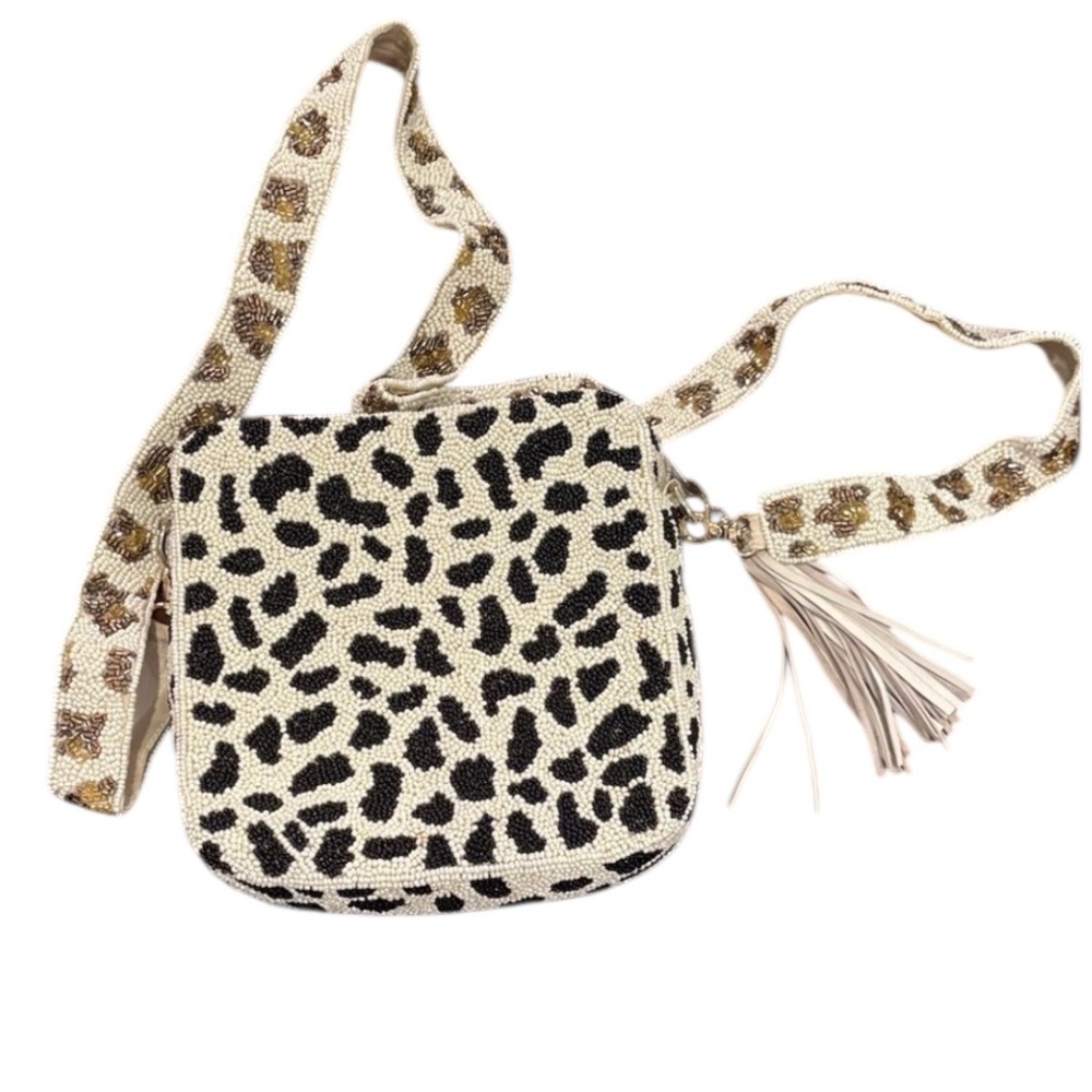 MOYNA Rare Beaded Leopard Print Crossbody Bag Tassel